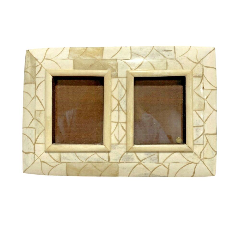 Unique double photo frame wood & stone two pictures standing table top holder